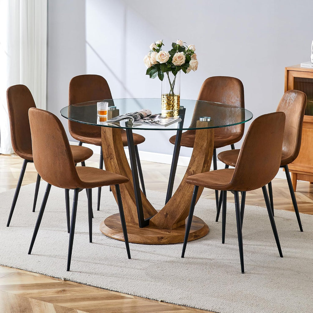JUFU Round Dining Table Set for 6, 48" Table and Chairs Set of 6 with Faux Marble Tabletop and PU Upholstered Brown-0501 Chairs, Modern 6 Seater Dining Table Set for Dinning Room, Kitchen