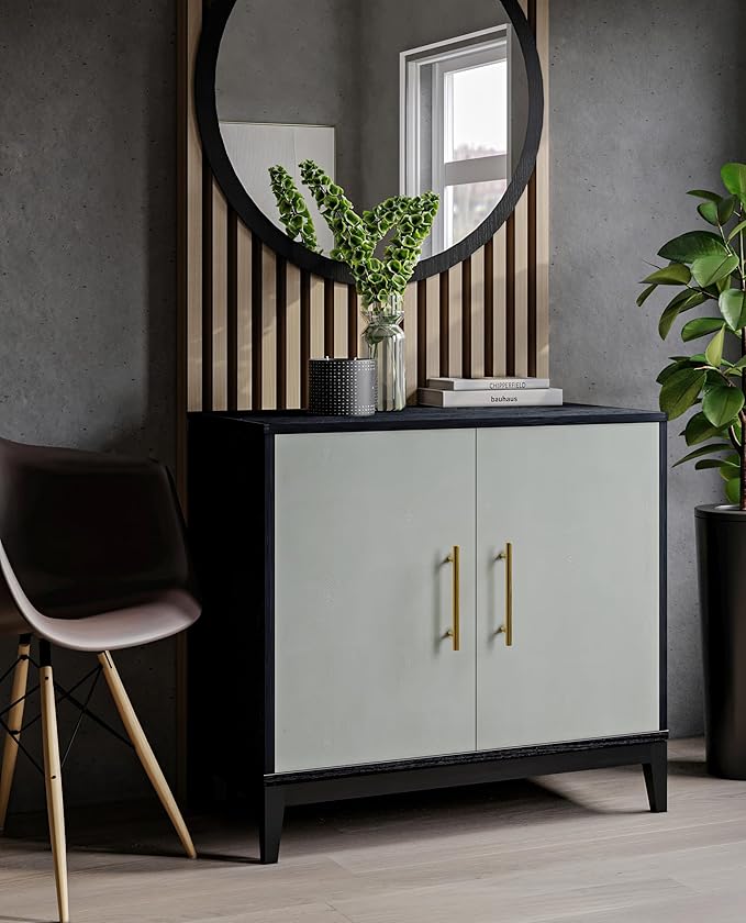Sango Shagreen 2-Door Cabinet, Elegant Black Faux Shagreen Storage Cabinet with Brass Handles, Adjustable Shelf, Timeless Luxury Design, Stylish Accent Furniture for Living Room or Dining Room
