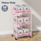 YASONIC 3 Tier Rolling Cart – Metal Utility Storage Cart with Wheels, Craft Cart Organizer with Hanging Cups, Hooks, Mesh Basket for Bedside Kitchen Office Art, Pink