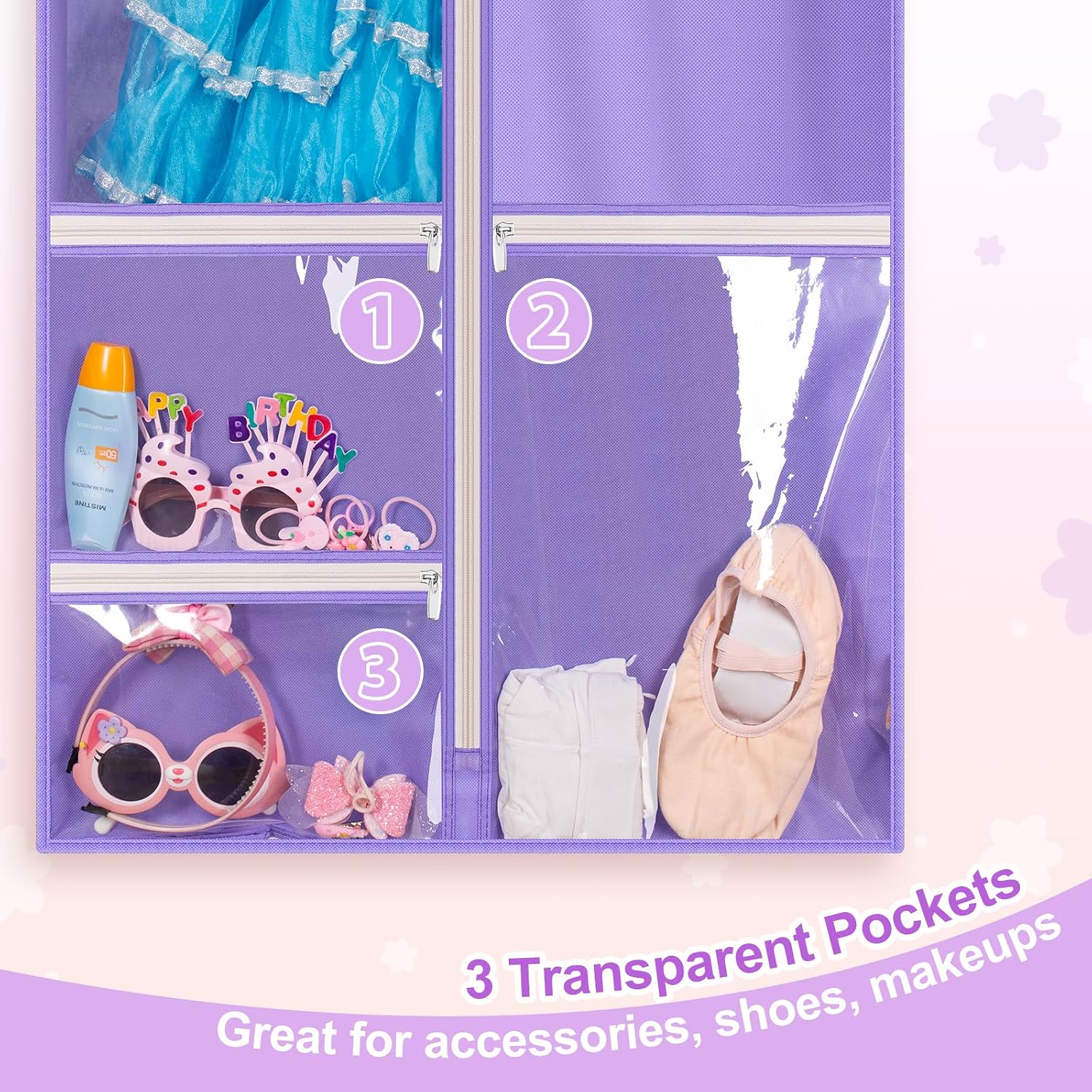 MISSLO Dance Garment Bags for Dancers 40" Garment Bags for Dance Costumes with 3 Pockets Cheer Uniform Garment Bag Hanging Kids Garment Bags for Competition, Travel, 3 Packs, Purple