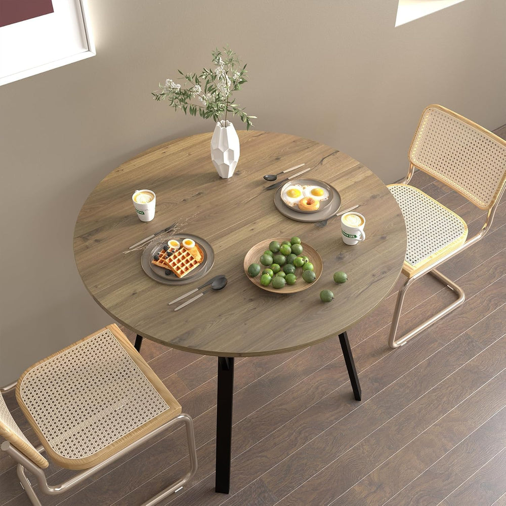 Round Dining Table with Metal Black Legs,35.43 Inch Circle Brown Kitchen Tabl...