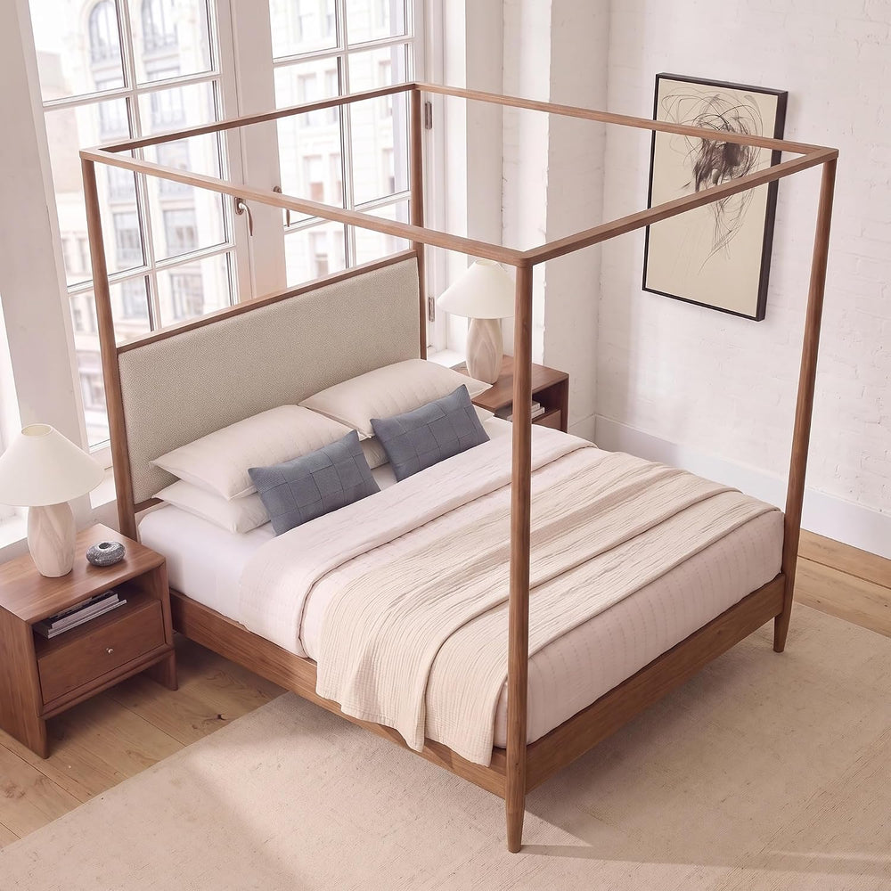 SOFTSEA Queen Size Wood Canopy Bed with Upholstered Headboard, Walnut
