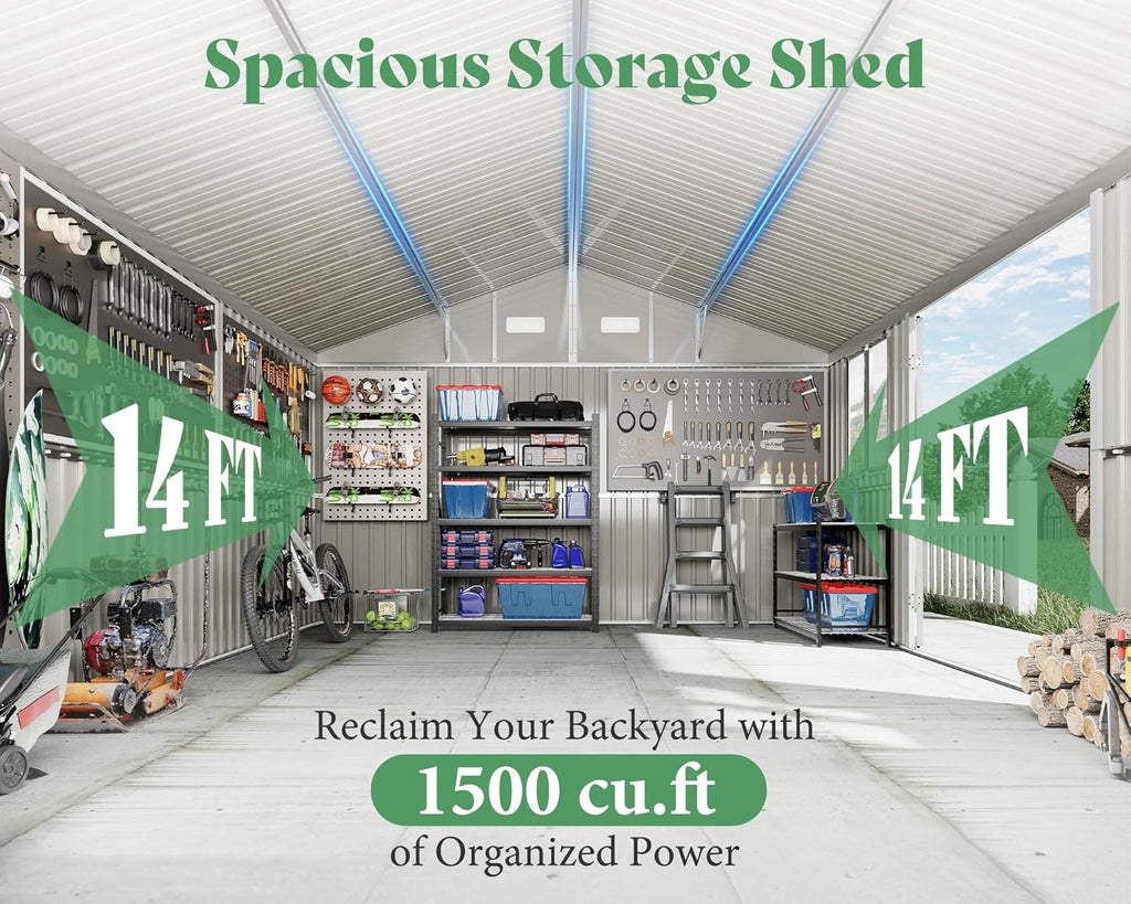 VanAcc 12x14x8.5 FT Galvanized Steel Outdoor Storage Shed with 2 4-Pane Windows Lockable Door, Nordic Cottage Shed for Backyard, Garden, Patio, Dark Grey/White
