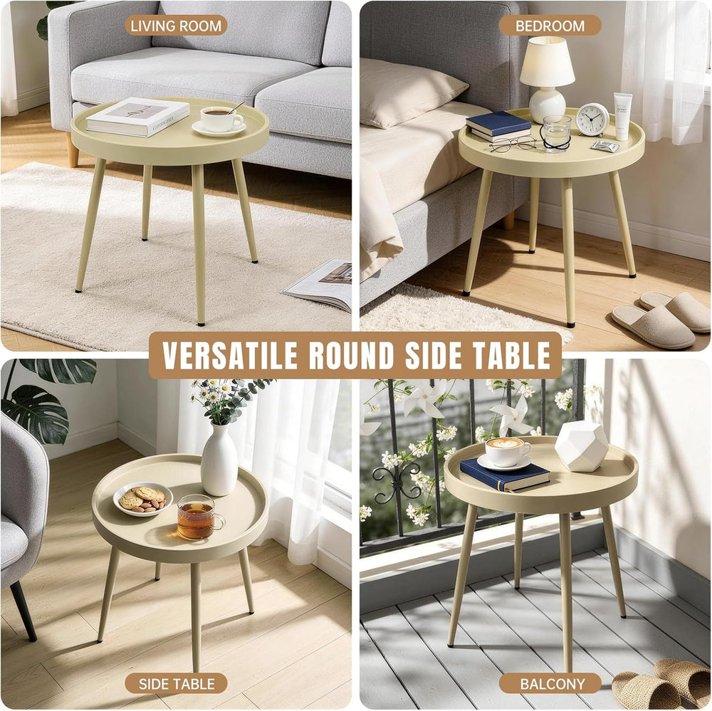 20" Round Side Table, Plastic Top, Iron Frame, Waterproof, Camel | Water...