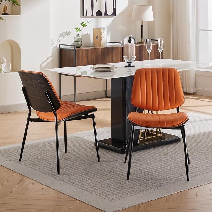 Dining Chairs Set of 4, Mid Century Modern Accent Dining Room and Kitchen Chairs, Upholstered PU Leather Vertical Stripe Chairs for Vanity with Walnut Bentwood and Metal Legs, Orange