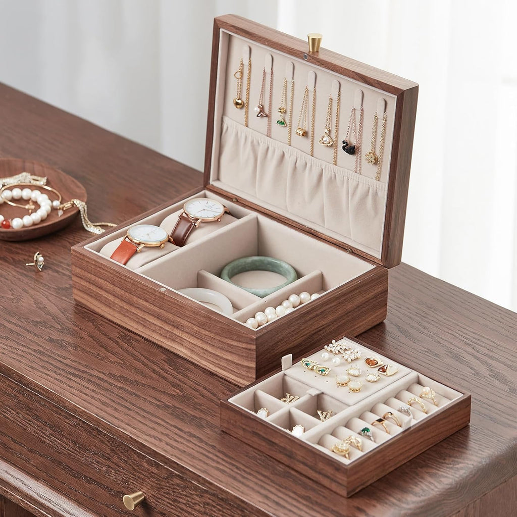 Black Walnut Wooden Jewelry Box for Women 2 Layer Jewelry Organizer with Removable Tray for Watches Rings Earrings Necklace Bracelets Birthday Christmas Gifts
