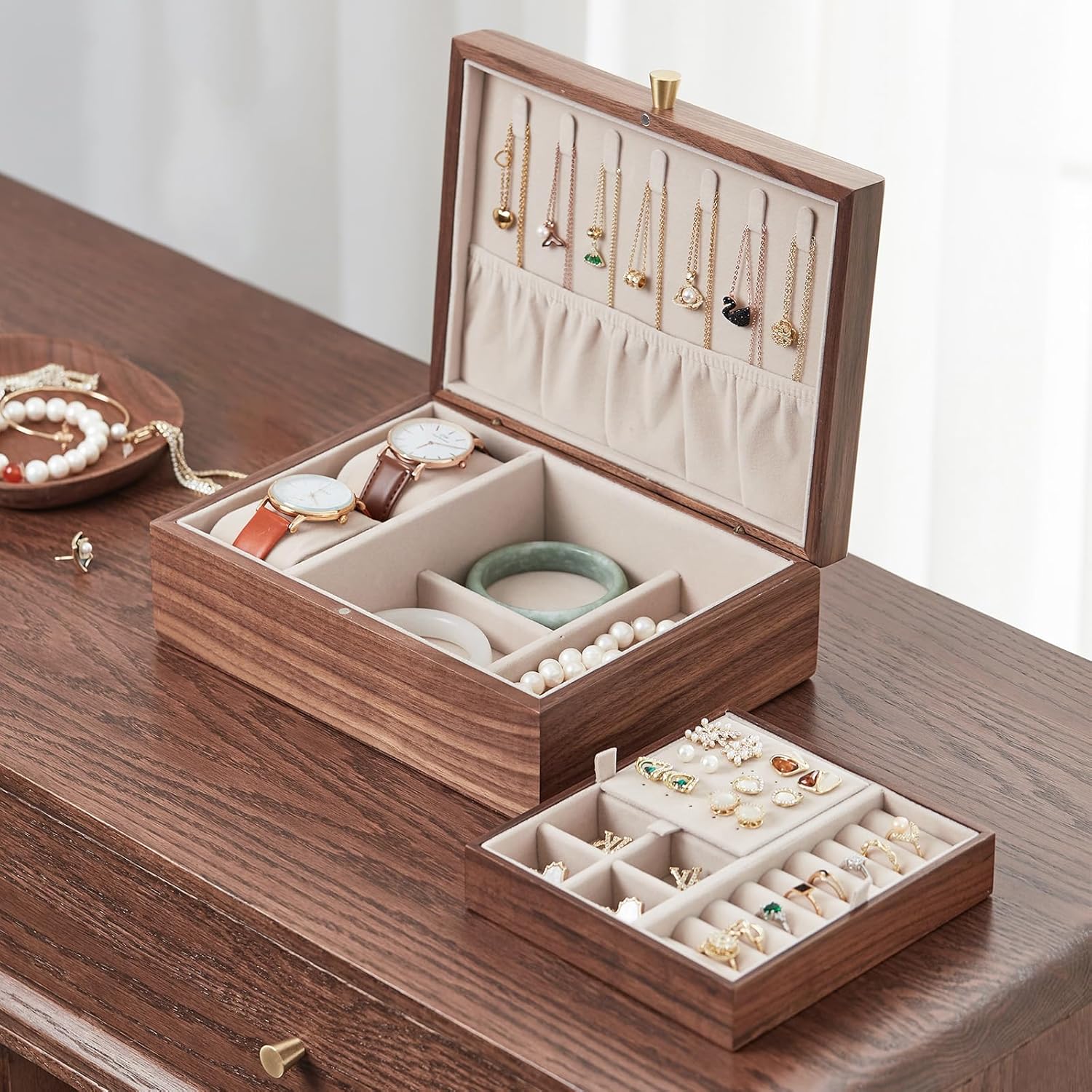 Black Walnut Wooden Jewelry Box for Women 2 Layer Jewelry Organizer with Removable Tray for Watches Rings Earrings Necklace Bracelets Birthday Christmas Gifts