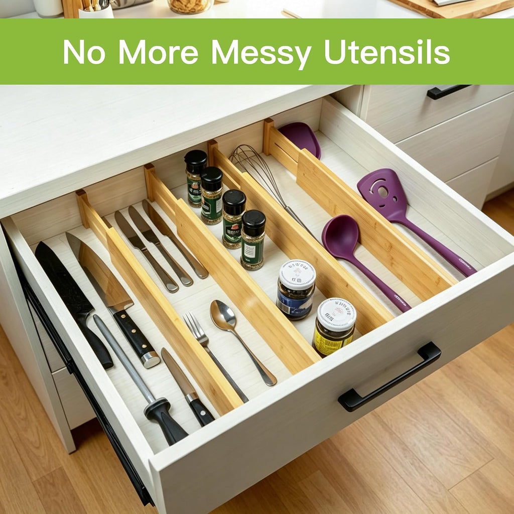 Utoplike Kitchen Drawer Divider, Expandable Bamboo Drawers Organizer 3.2" H | Large Adjustable Spring-Loaded Separators for Spatulas, Utensils, Bedroom & Home Storage, 4pcs, Fit 18"-20.6" Inner Drawer
