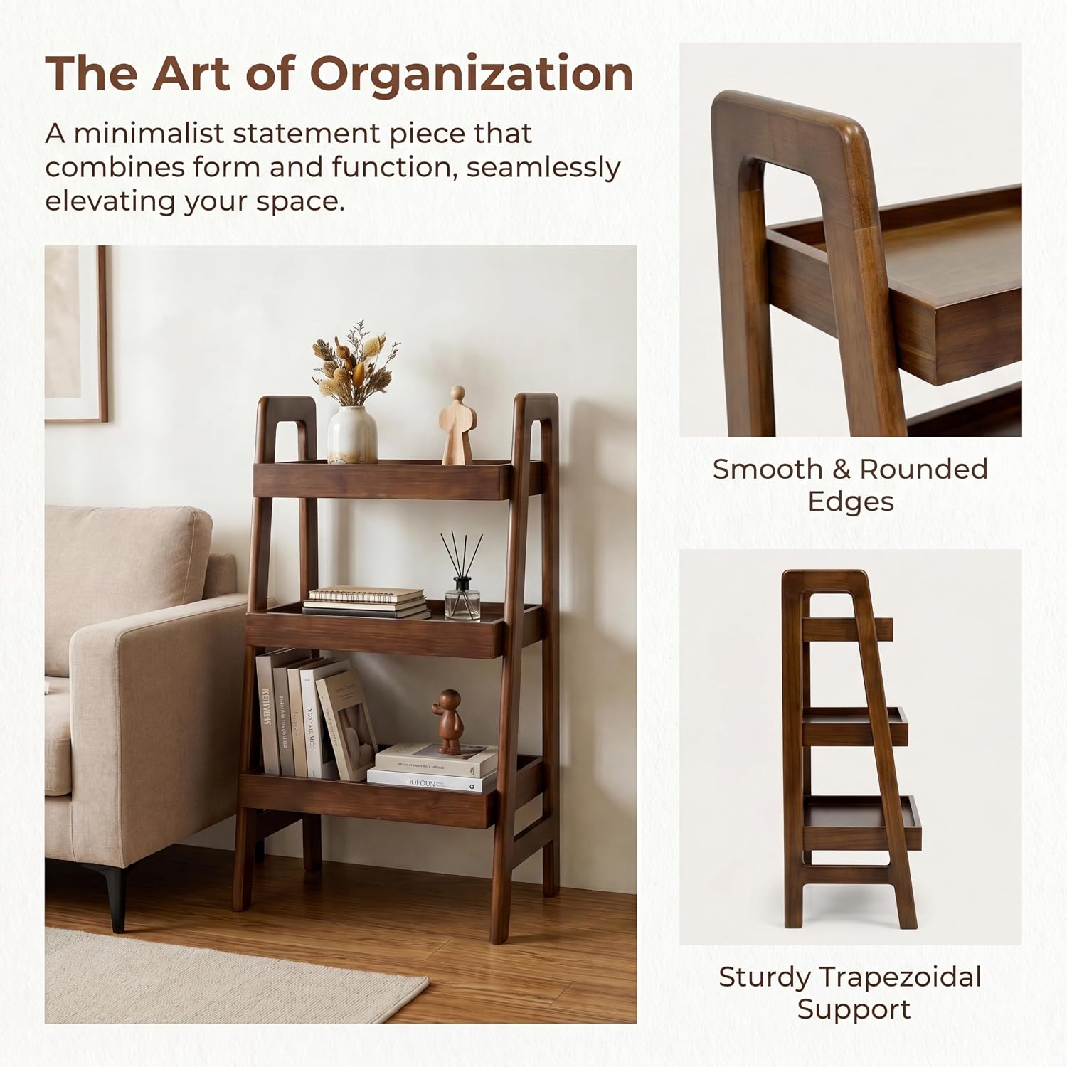 3-Tier Ladder Shelf, Solid Wood Freestanding Bookshelf | Natural Wood Shelf with Open Storage, Raised Edges and Compact Design for Books, Plants, Décor and Small Spaces