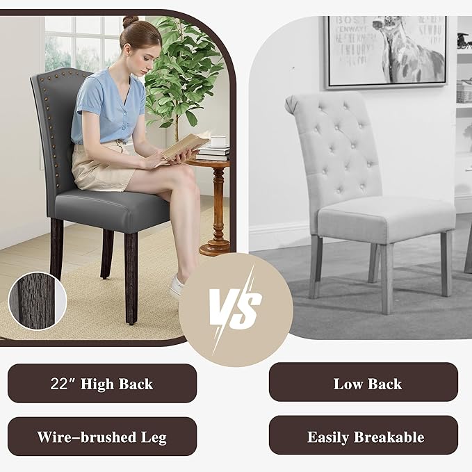 LSSBOUGHT PU Dining Chair, Kitchen Chair with Copper Nails and Solid Wood Legs for Dining Room,Restaurant (Light Grey, 2PCS)