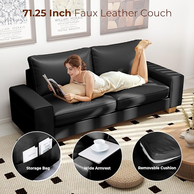 Modern Faux Leather Loveseat Sofa, Compact Small Couch with Spring Cushions & Solid Wood Frame, Easy-Clean Removable Cover, Living Room Office Apartment Furniture (71.25", Black)