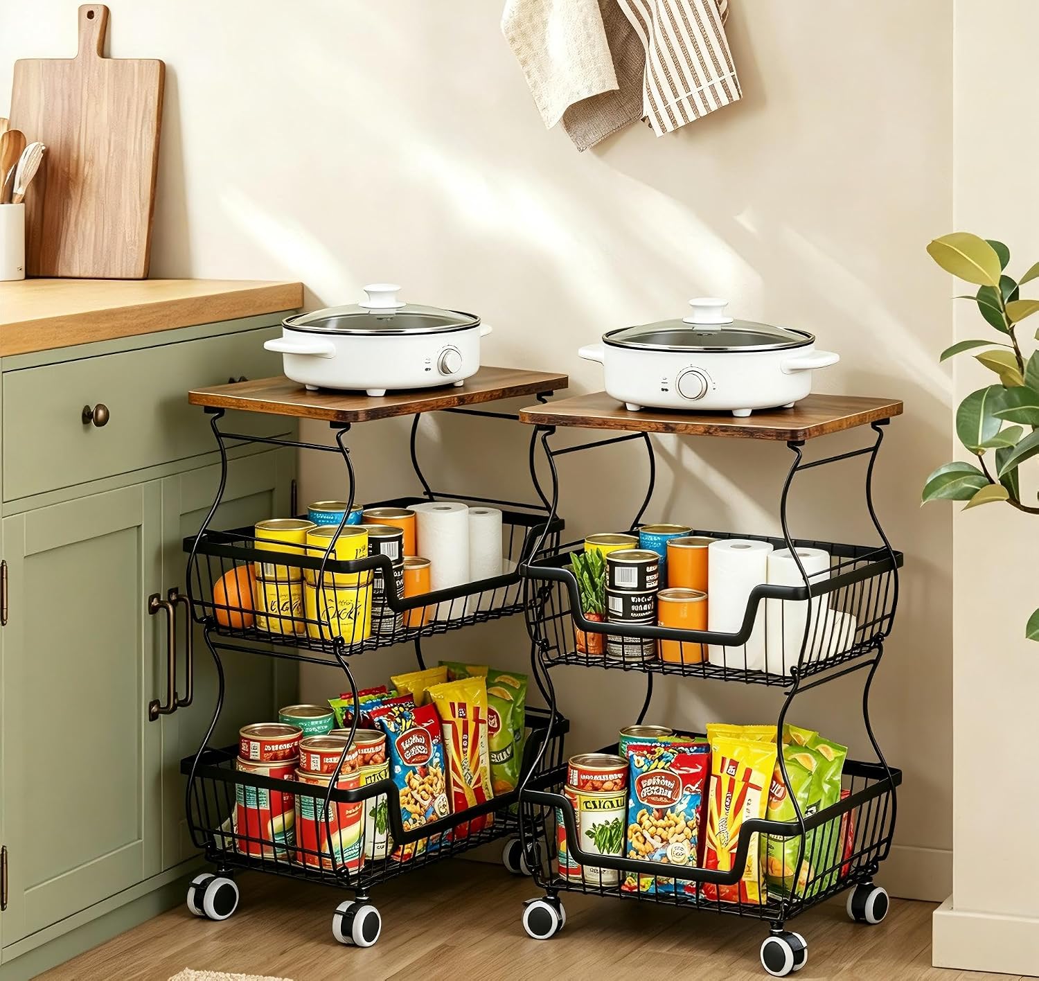 2 Pack Pantry Floor Organizeron with Wheels, 3 Tier Rolling Fruit Vegetable Basket for Kitchen Stackable Wire Basket Stand for Home Removable Metal Vegetable Rack Wire Snack Cart