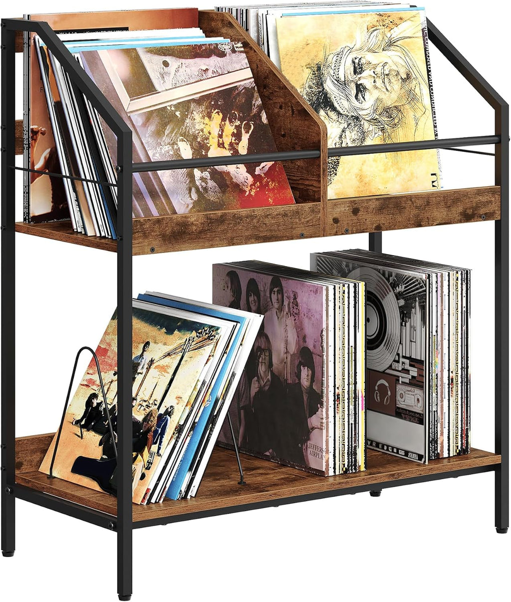 CHOEZON 2-Tier Vinyl Record Storage Holder Rack, 250 LP Albums Display Shelf, Wooden Vinyl Storage Rack with Wire Dividers for Records, CDs, Books, Rustic Brown and Black TCW07BF