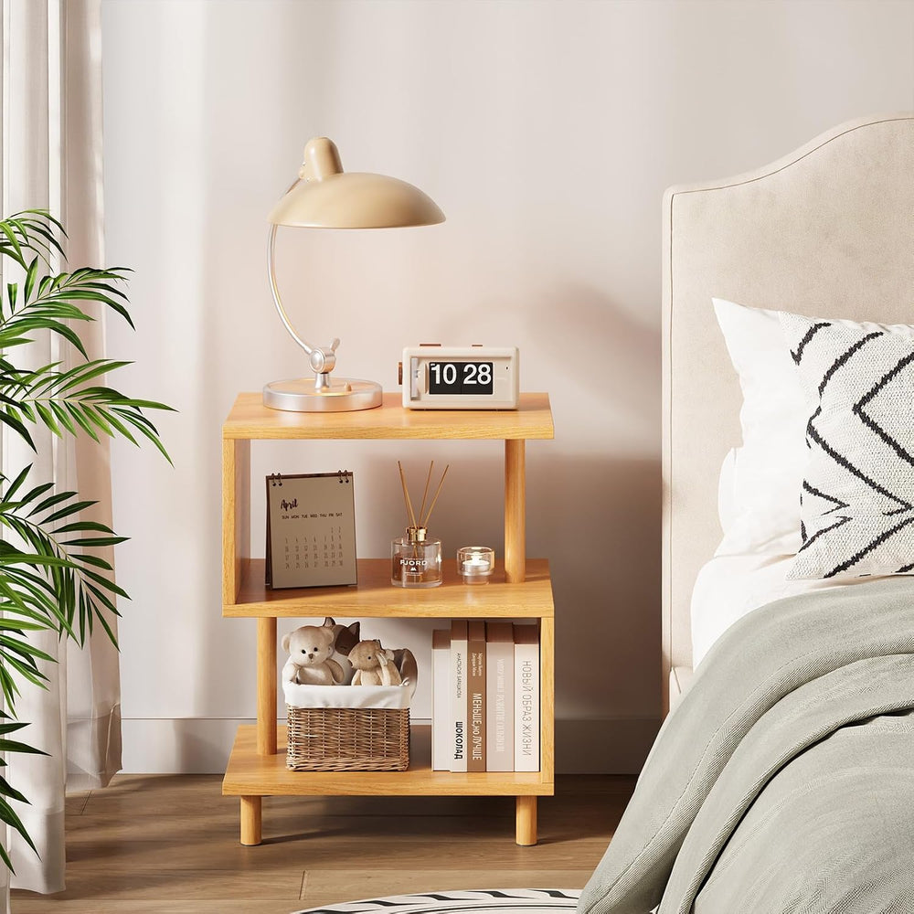 Apicizon S-Shaped Side Table, 3-Tier Nightstand with Solid Wood Legs, Slim Be...