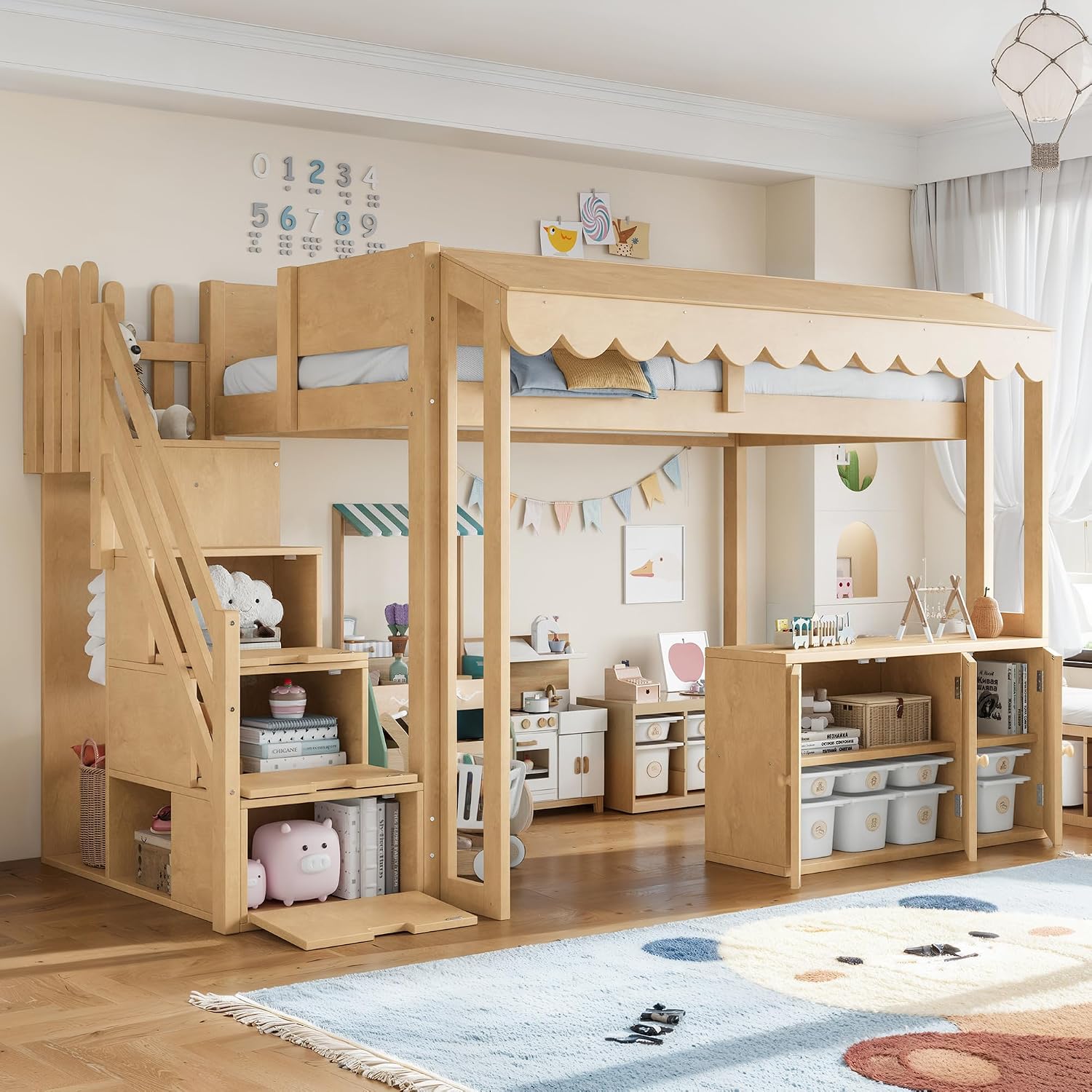 Twin Size Wood Loft Bed with Storage Stairs and Pretend Store Counter (Twin)