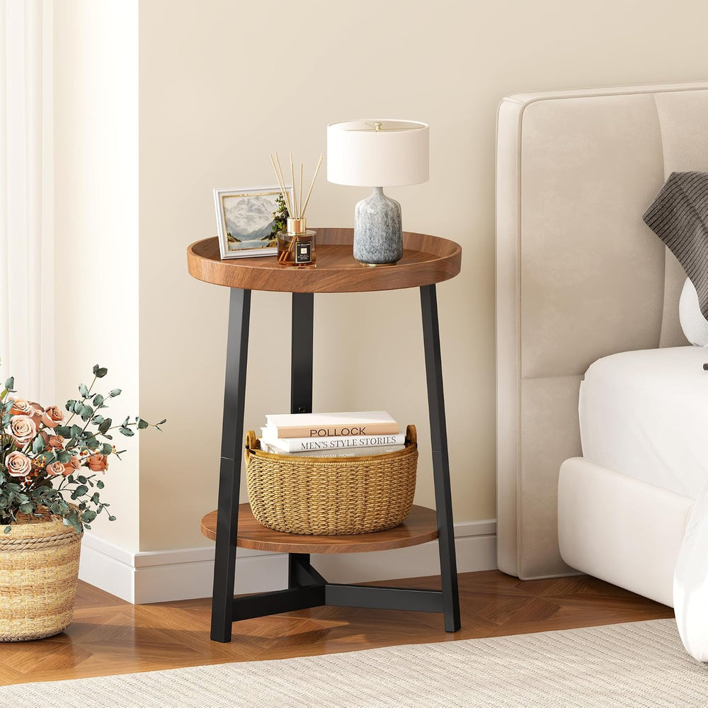 2-Tier Round End Table with Charging Station and Industrial Sofa Side Table,R...