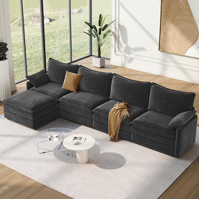 Vesgantti 142" Cloud Couch Sectional Modular Sofa, Comfy Sectional Couch with Ottoman Deep Seat Corduroy L Shaped Sofa, Modular Couches for Living Room, Bedroom and Apartment, Gray