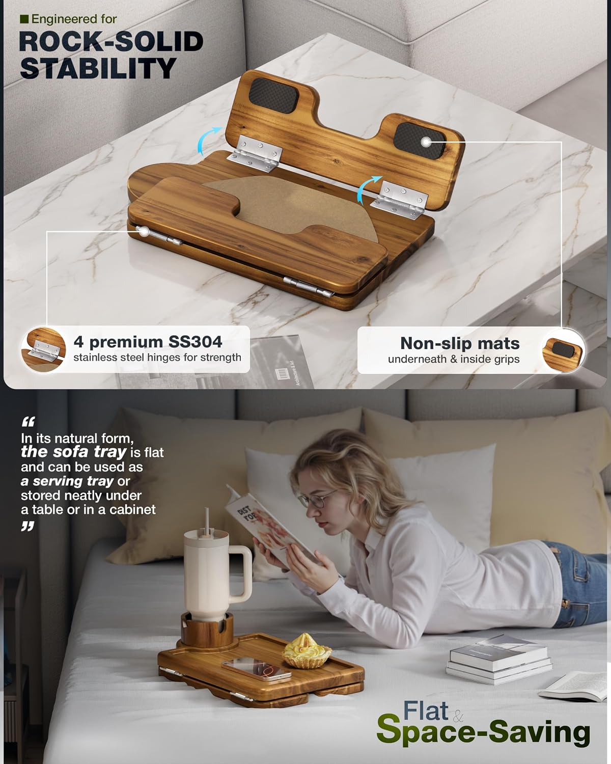 Bluewest 3-in-1 Couch Cup Holder Tray & Sofa Arm Tray, Acacia, 16 x 9.8 in | Clip-on side table with 360-degree cup holder, double SS304 hinges and non-slip design for TV dinners, remotes and drinks.