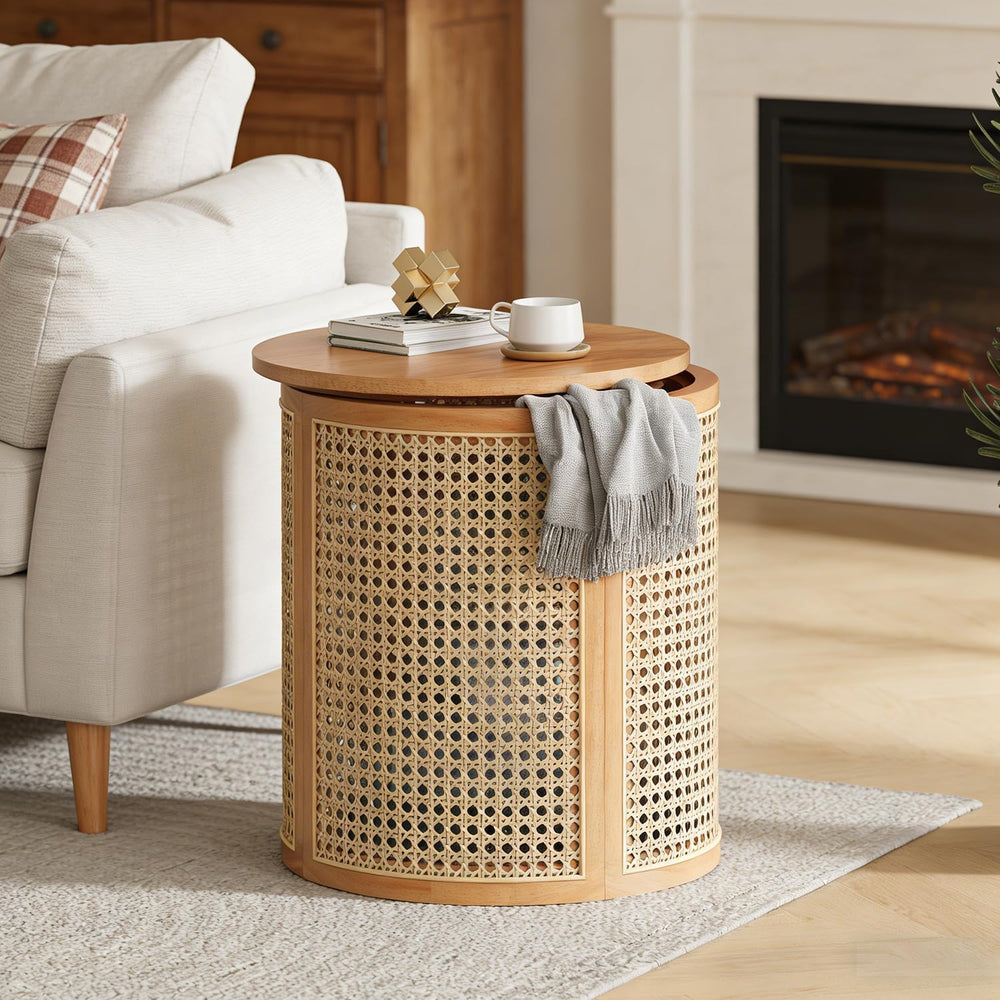Hollow Woven Rattan Side Table, Round End Table for Living Room, Coffee Table...