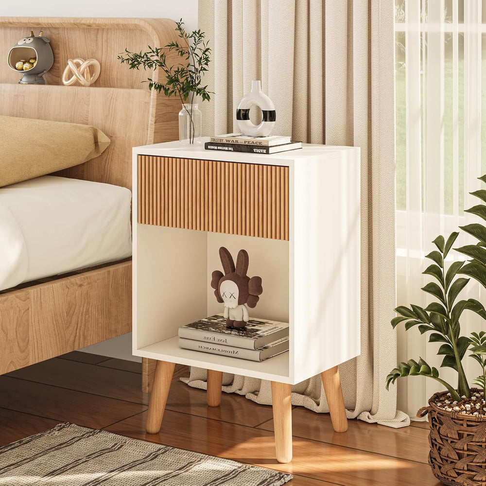 Fluted Nightstand, Modern Bedside Table with Storage Drawers and Open Wood Sh...