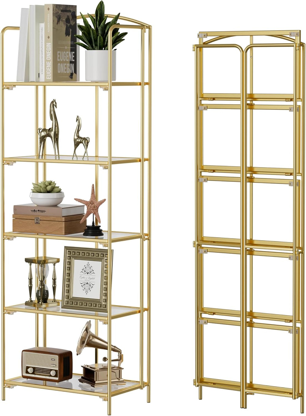 Crofy 5-Tier Foldable Bookshelf, Gold Frame & Transparent Shelves