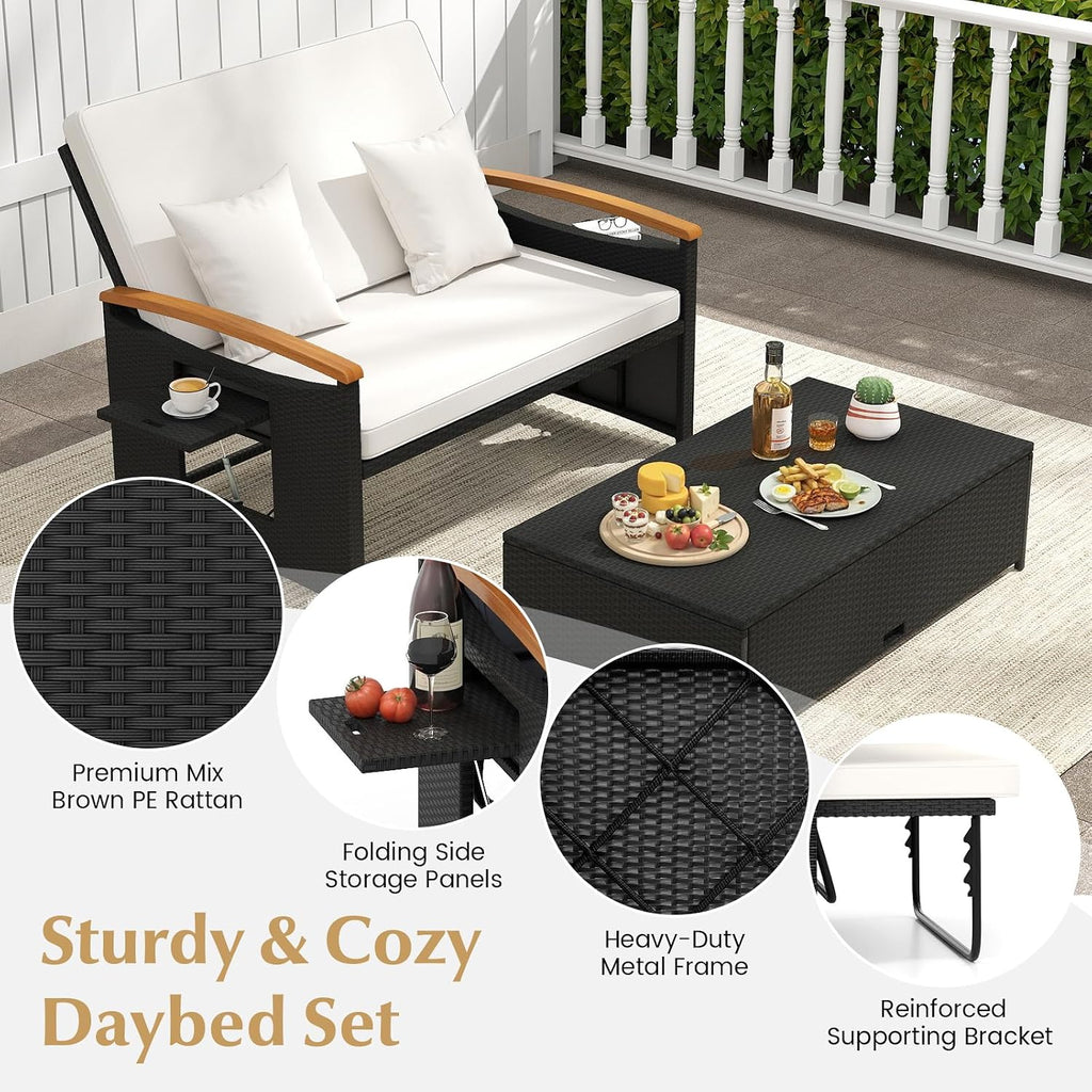 COSTWAY Patio Rattan Daybed, Outdoor Loveseat Sofa with Storage Ottoman, 4-Level Adjustable Backrest & Acacia Wood Armrest, Outdoor Wicker Daybed with Side Panels for Yard, Deck, Poolside (White)