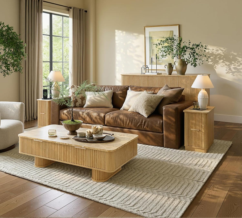 win2win Rectangle Coffee Table with Storage, Faux Marble Top, Boho,Oak