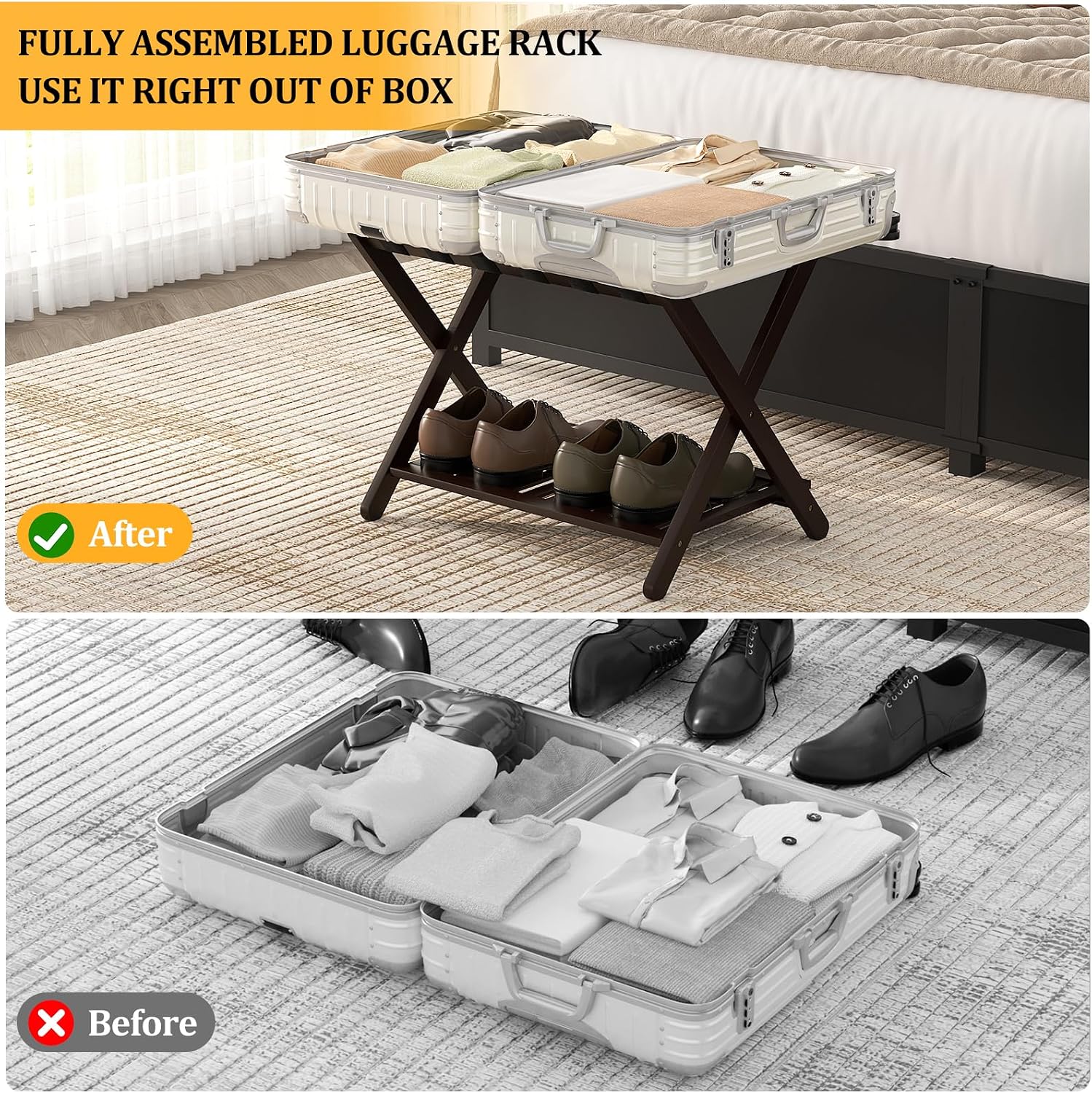 Bamboo Luggage Racks Set of 2, Fully Assembled Luggage Rack for Guest Room, Folding Suitcase Stand with Shoe Shelf, Heavy Duty Luggage Holder for Suitcases, Dark Brown