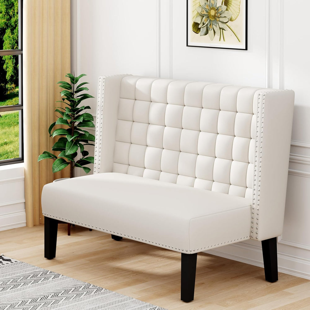 White Faux Leather Loveseat Settee, Modern Tufted Upholstered Bench with Back...