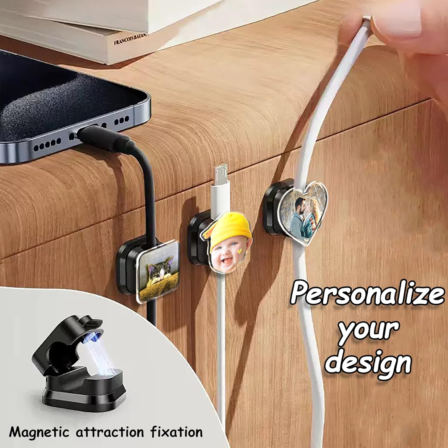 Custom Photo Cord Holder Cable Clips,Personalized Photo Cord Organizer [Magnetic],Funny Charger Holder for Nightstand,Home Office Organizer Deals for Kitchen Desk Workspace Room Decor for Custom Gift