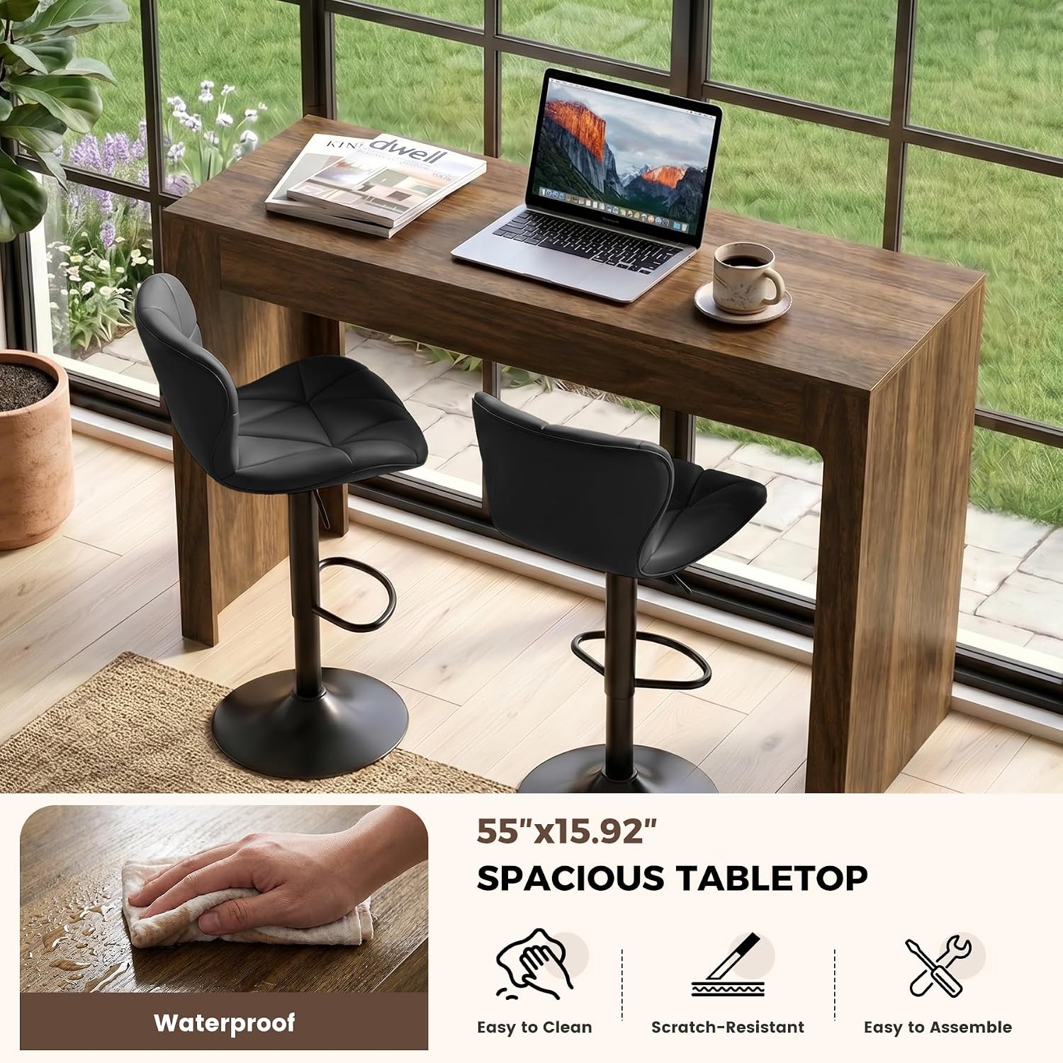 Miereirl 3-Piece Counter Height Bar Table Set, 55 Inch Walnut Pub Dining Table & 2 White Swivel Adjustable Bar Stools, PU Leather Counter Chairs with Backrest for Kitchen Island Dining Room