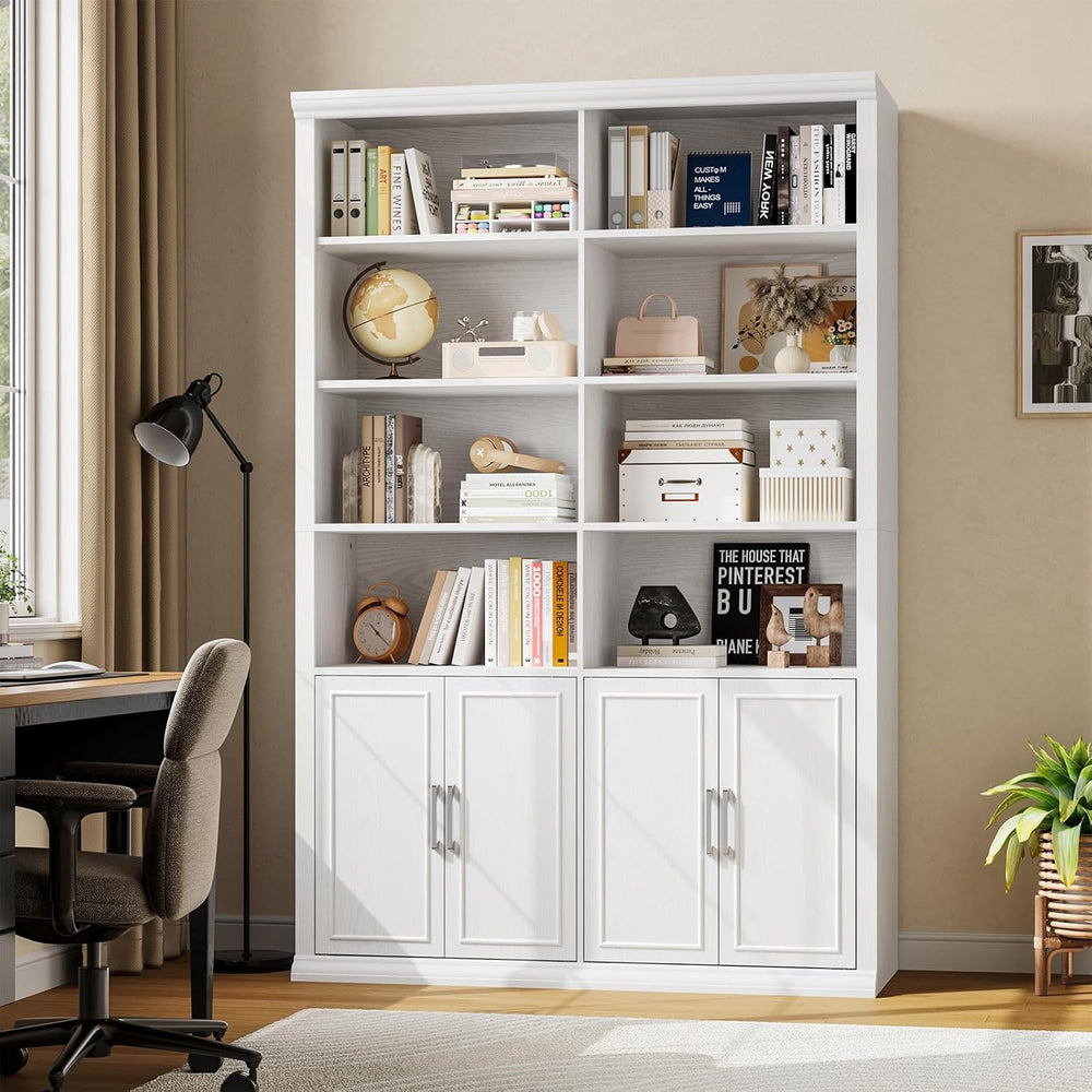 Rresyet 42" W Double Bookcase and Bookshelf with Doors, White