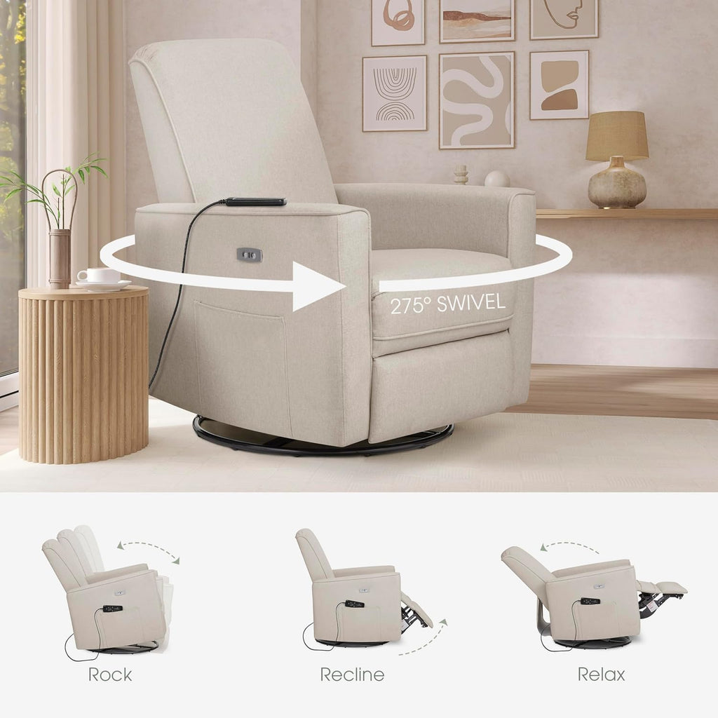 Evolur Harlow Deluxe Upholstered Plush Seating Glide Rocker, Swivel, Power Recliner USB Port with in-Built Massager, Greenguard Gold Certified, Glider Chair for Nursery in Light Sand