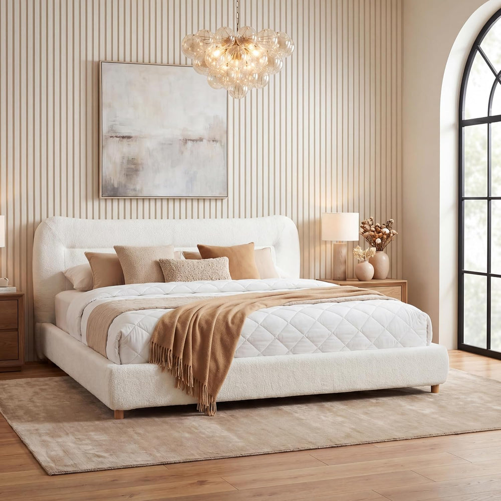 Minimalist Curved Headboard Plush Platform Bed, Queen, Cream Teddy Fabric