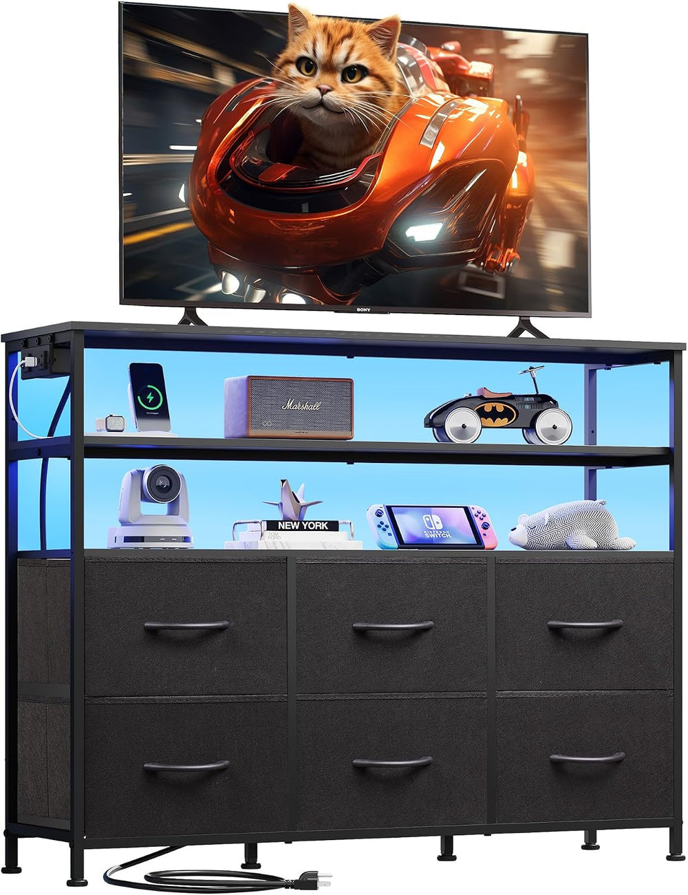 WLIVE TV Stand 40-45 Inch 6 Drawer Fabric Media Console LED, Black | TV stand...