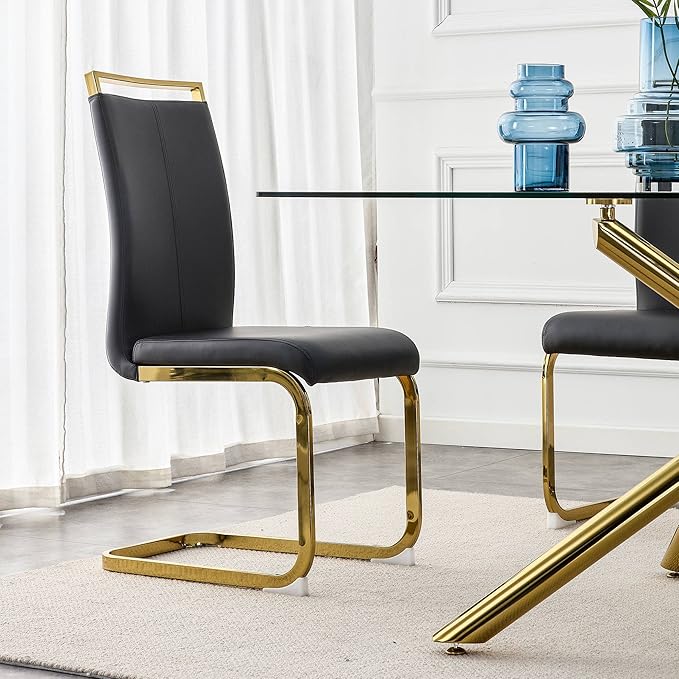AZmac Modern Leather Dining Chairs Set of 6,Armless Kitchen Chairs,Dining Room Chairs with Upholstered Padded Seat and Sturdy Gold Legs for Dining Room,Kitchen (Set of 6, Black-Gold Leg)