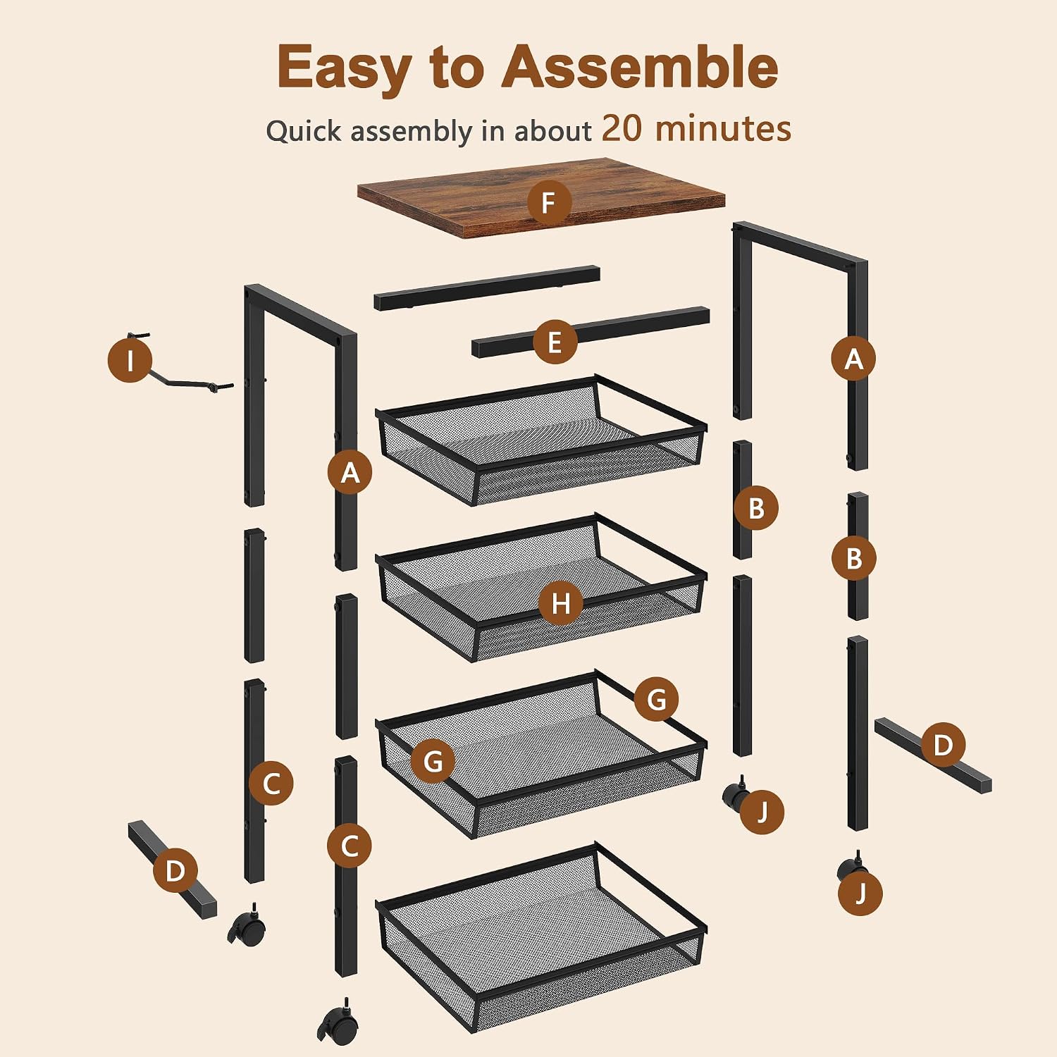 Hoctieon Rolling Storage Cart, 5-Tier 11.8" Wide Panel Kitchen Storage Cart, Utility Carts with Handle & Wheels, Mobile Shelving Unit, Metal Frame Narrow Carts for Home Kitchen, Laundry, Rustic Brown