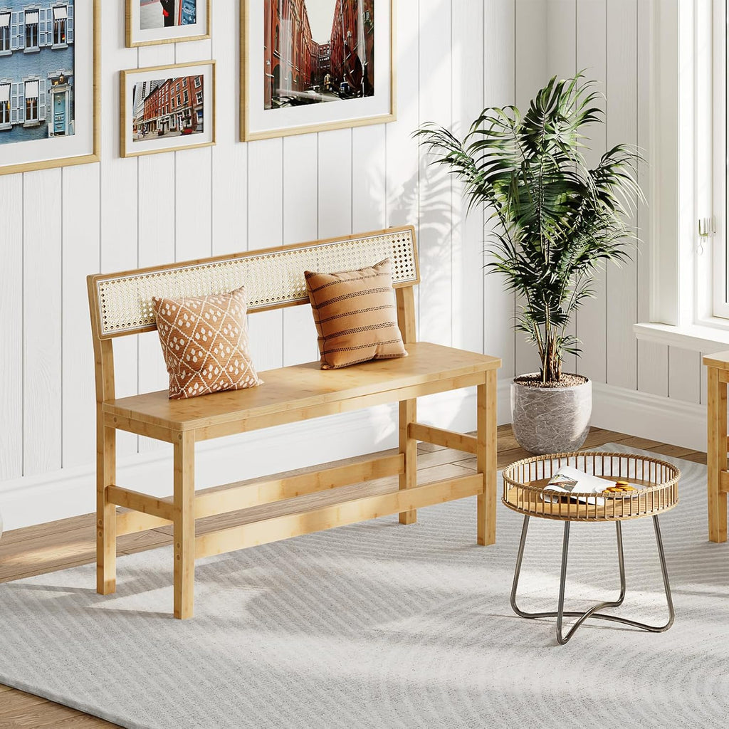 HOOBRO Dining Bench, Bamboo Farmhouse Entryway Bench with Back for Kitchen, Living Room, Bedroom, Easy to Assemble, Sturdy and Stable, Natural YL05CD01