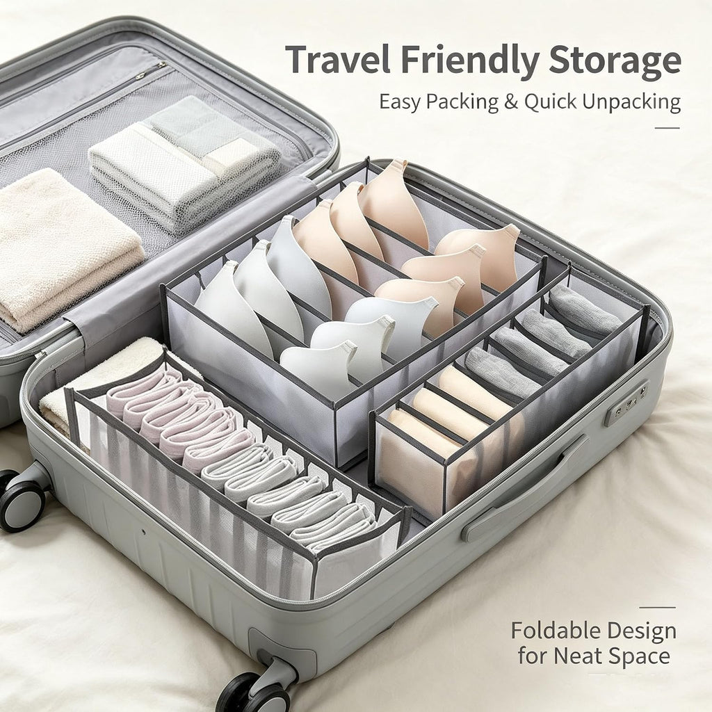 3 Pack Underwear Drawer Organizer - Foldable Fabric Storage Bins for Dresser & Closet, Sock and Bra Dividers, 3 Sizes for Bedroom Organization (Gray）