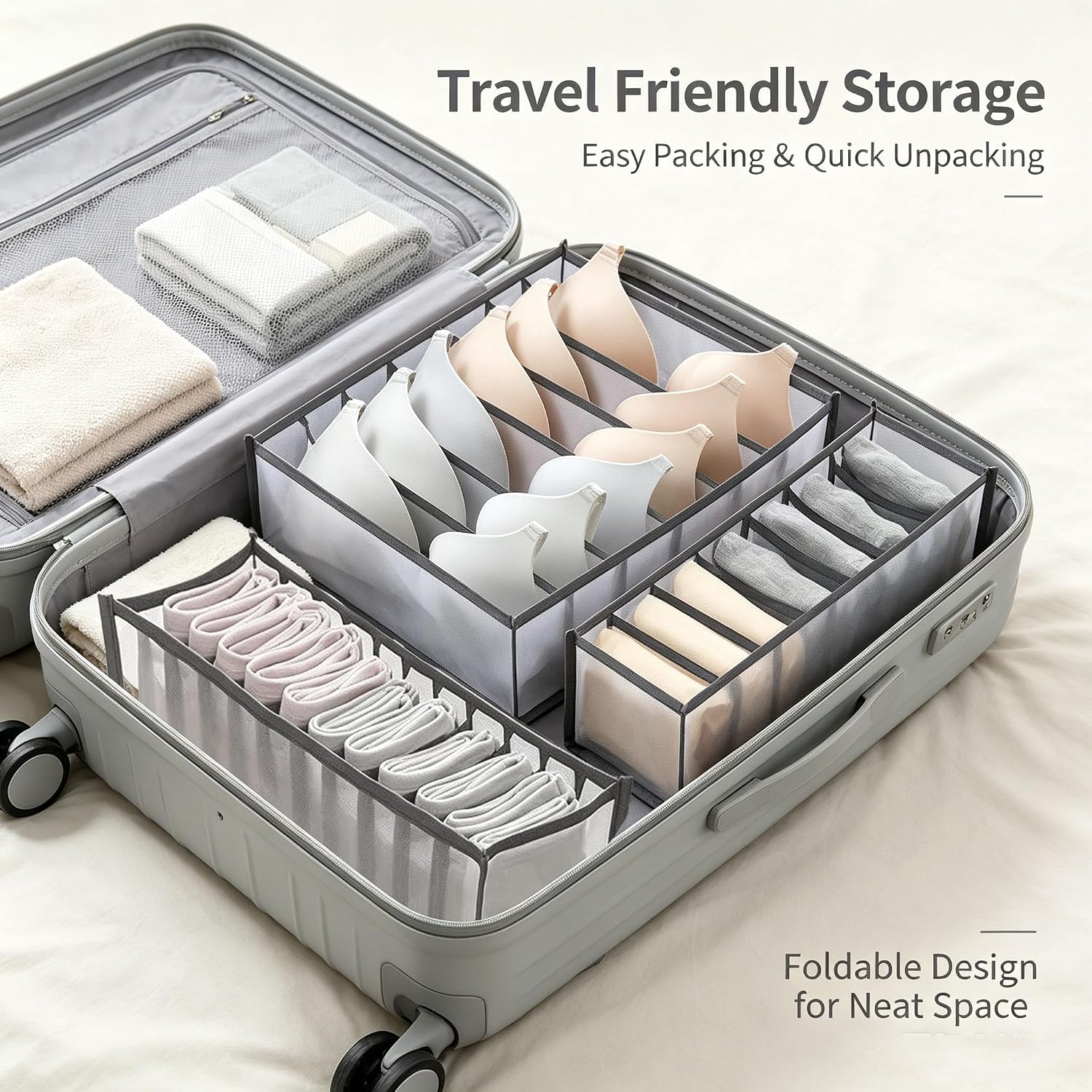 3 Pack Underwear Drawer Organizer - Foldable Fabric Storage Bins for Dresser & Closet, Sock and Bra Dividers, 3 Sizes for Bedroom Organization (Gray）