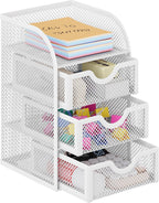 EasyPAG Mesh Desk Organizer with 3 Drawer Office Desktop Organizers and Accessories Stationery Caddy for Office, Home, Students, White