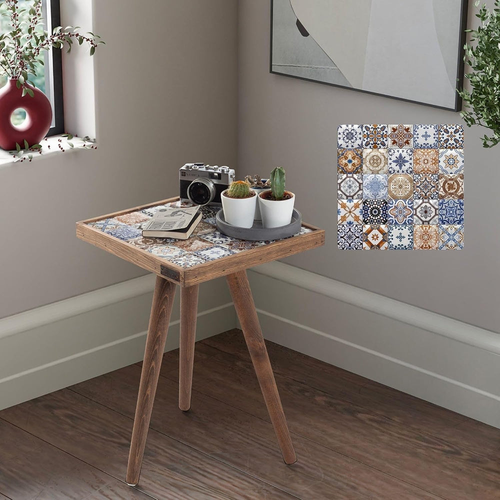 Mexican Tile Mosaic Side Table, Walnut Color Square Ceramic Accent Table with...