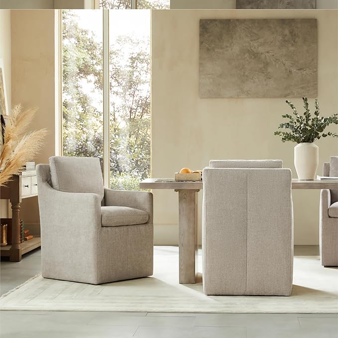 Upholstered Dining Chairs with Casters, No Assembly Modern Accent Armchair with Rollers for Dining Room, Bedroom, Living Room, Reading Room, Already Assembled, Sand, 4 Box