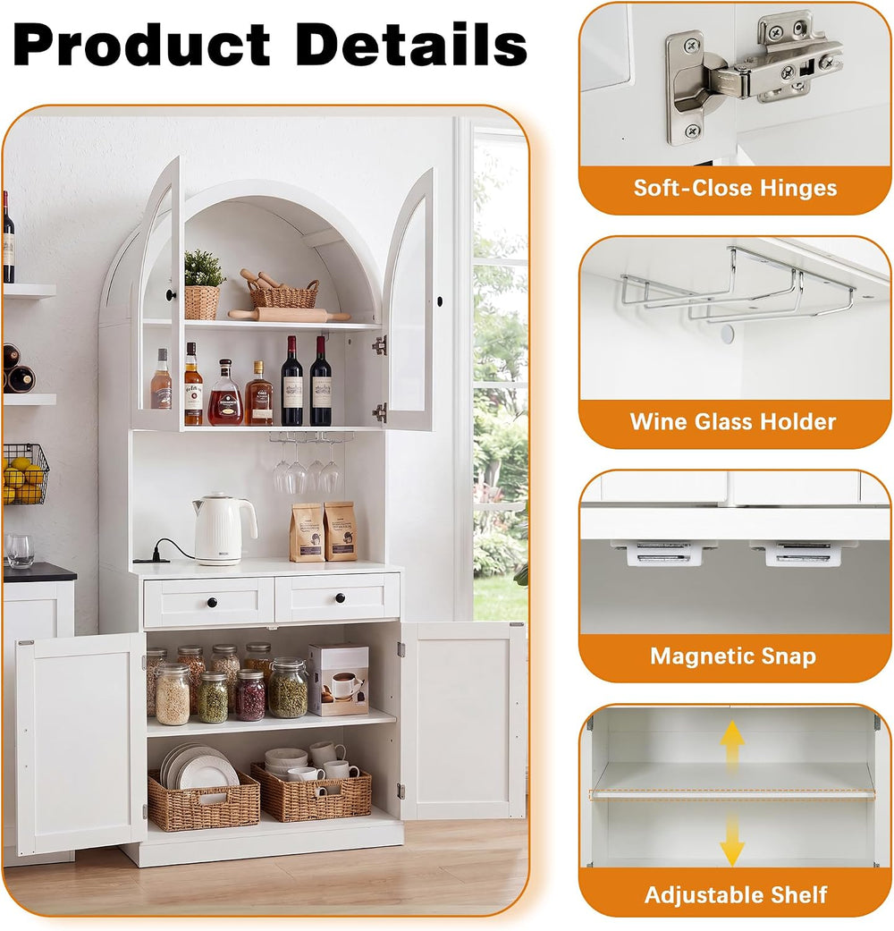75" Farmhouse Tall Arched Pantry Cabinet with Charging Station & Bar...