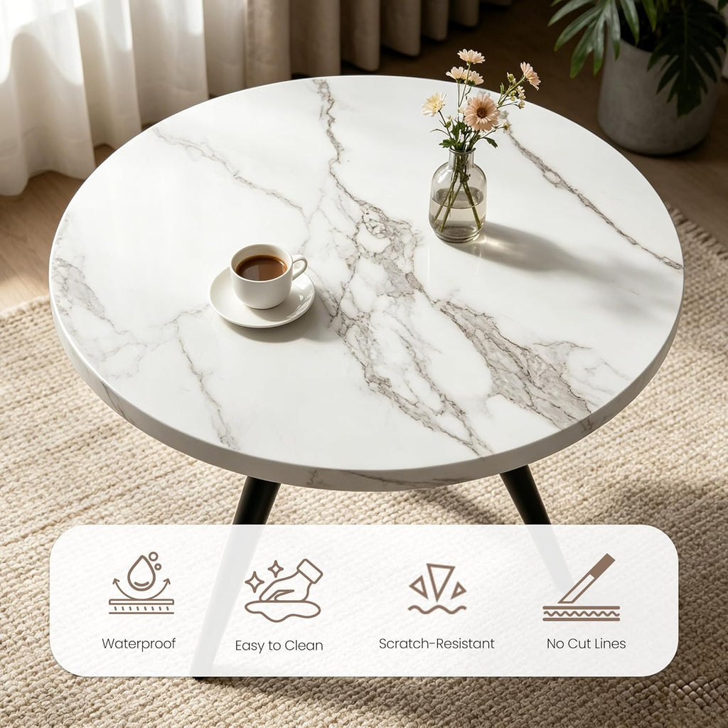 34.6" Round Dining Table Set for 4, Modern Kitchen Coffee Table Set with 4 Upholstered Leather Chairs, MDF Small Space Saving Dining Room Table and Chairs Set (White Table+4 Beige Chairs)