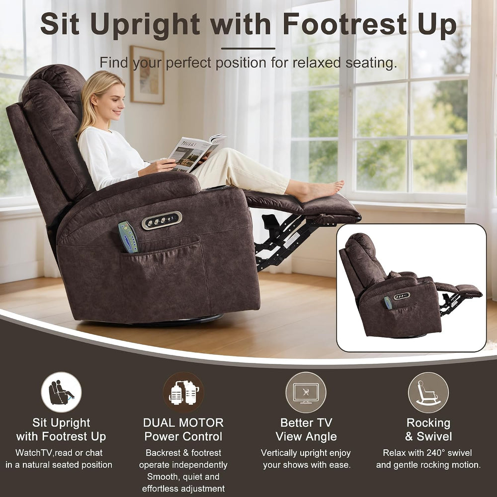 AHMED Dual Motor Power Swivel Rocker Recliner Chair, Velvet Brown | Electric ...