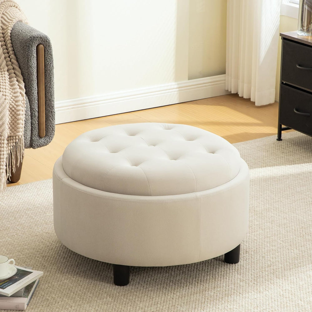 Round Storage Ottoman 29.33" with Reversible Lid - Fleece Fabric Upholst...