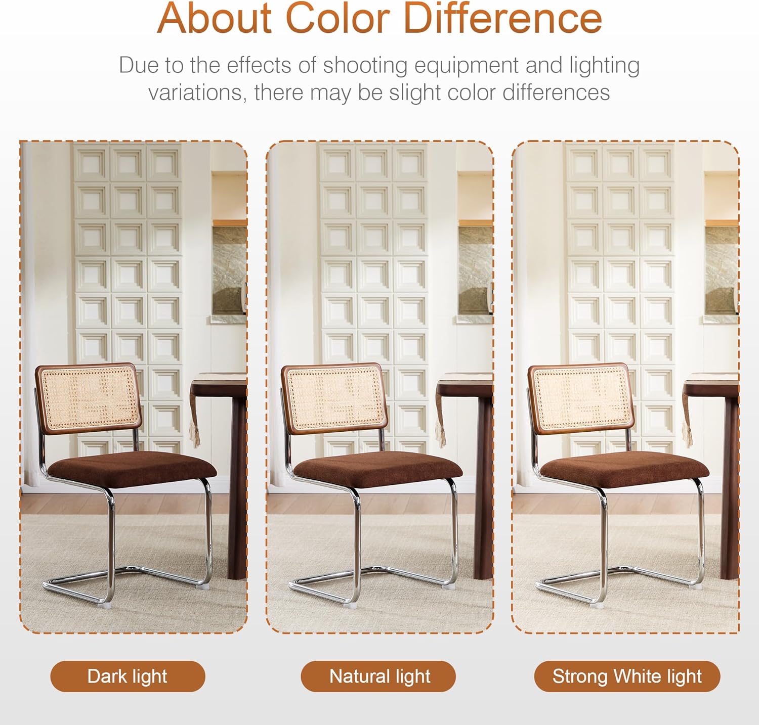 Zesthouse Rattan Dining Chairs Set of 4, Mid Century Modern Dining Room Chairs with Natural Cane Mesh & Chrome Base, Brown Cesca Chair Chenille Fabric, Farmhouse Kitchen Chair with Solid Wood Back