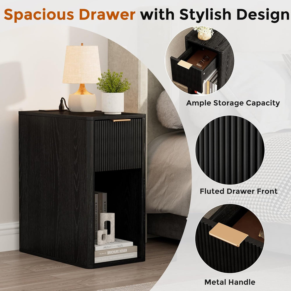 Homleke Narrow End Table with Fluted Drawer and Charging Station, Small Night...