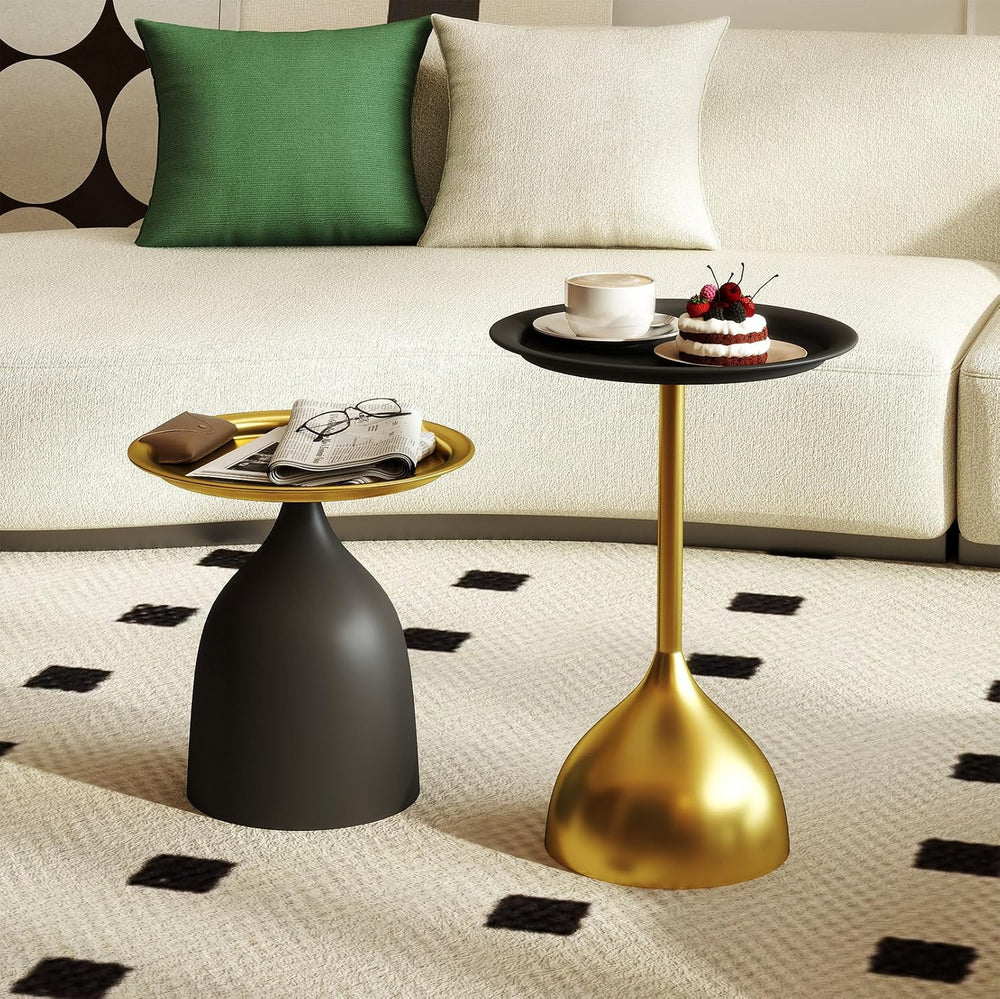 Benkyo Black and Gold Nesting Tables Pedestal Coffee Table Set of 2 Round Sid...